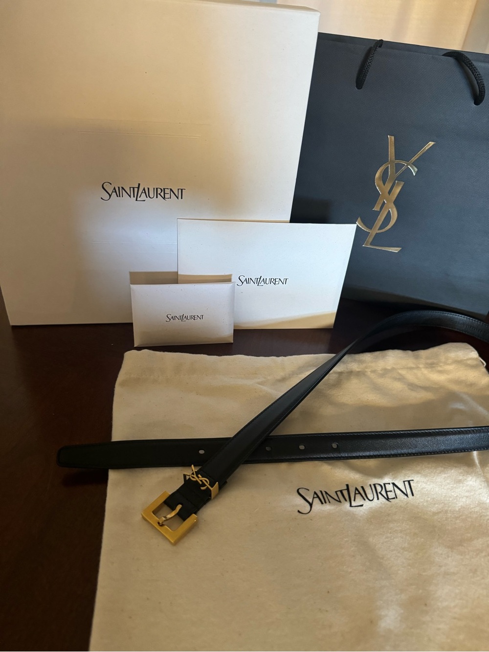Saint Laurent Black Leather Belt with Gold YSL Buckle